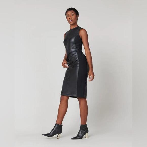 Spanx Black Leather Like Combo Fitted Dress Size Medium - Picture 3 of 16